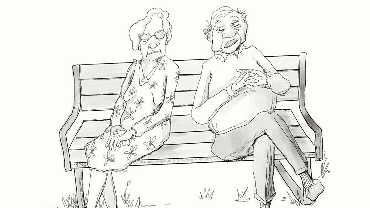 Black and white comic sketch of an elderly couple sitting on a bench illustrating relatable humor by Sarah Stone.