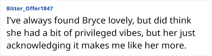 Text comment discussing Bryce Dallas Howard’s privileged vibes and her acknowledgment of it, related to Ron Howard’s nepo baby. Text comment discussing Bryce Dallas Howard’s privileged vibes and her acknowledgment of it, related to Ron Howard’s nepo baby.