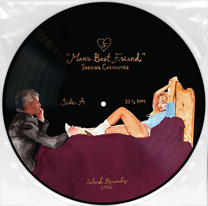 Vinyl record cover art depicting a woman reclining on a bed with a man sitting nearby, linked to Sabrina Carpenter album controversy. Vinyl record cover art depicting a woman reclining on a bed with a man sitting nearby, linked to Sabrina Carpenter album controversy.