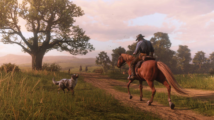 Developer reporting bugs in the game during exploratory testing restricted by lead in a scenic horseback rural setting.