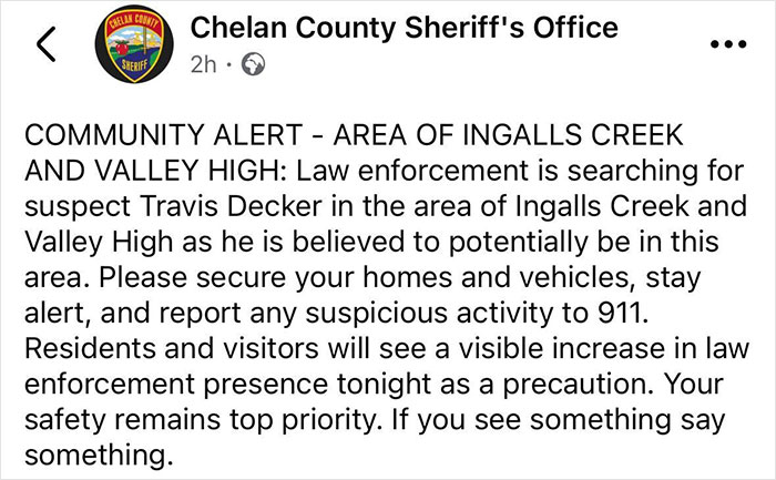 Chelan County Sheriff's Office alert about fugitive dad linked to blood not belonging to a human found at crime scene. Chelan County Sheriff's Office alert about fugitive dad linked to blood not belonging to a human found at crime scene.