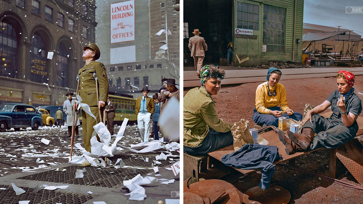 Colorized historical photos showing a soldier in a city and women workers taking a break outdoors.