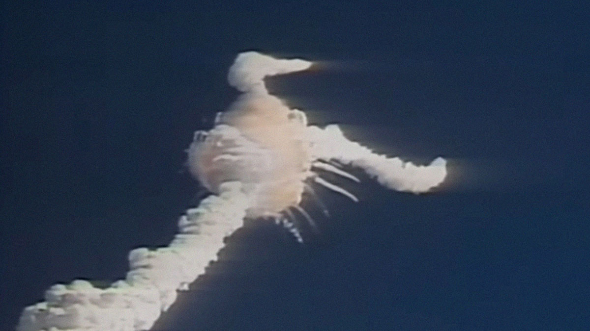 Space shuttle explosion captured on live television showing a dramatic and shocking moment in Gen X history.