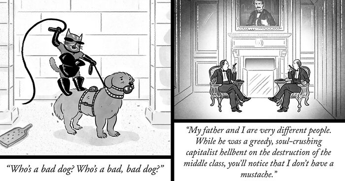 Funny single-panel comics by Ivan Ehlers showing a cat dressed as a dominatrix and a satirical father-son conversation.