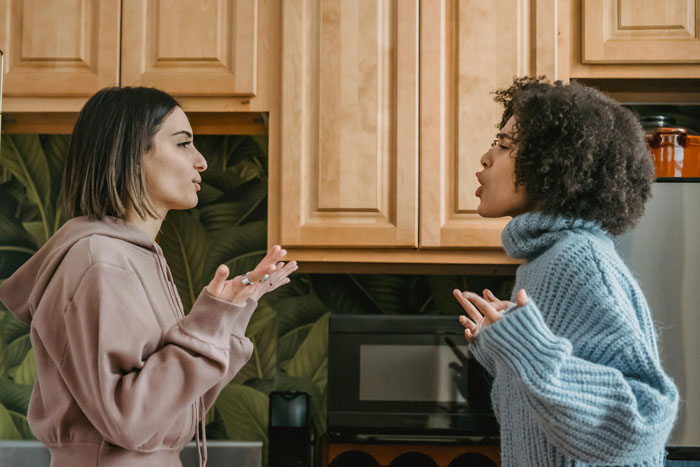 Two women having a tense conversation in a kitchen, one expecting the other to spend days babysitting. Two women having a tense conversation in a kitchen, one expecting the other to spend days babysitting.