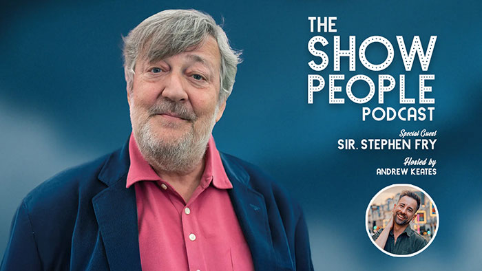 Stephen Fry on The Show People podcast, speaking about J.K. Rowling with a serious expression in a blue blazer. Stephen Fry on The Show People podcast, speaking about J.K. Rowling with a serious expression in a blue blazer.