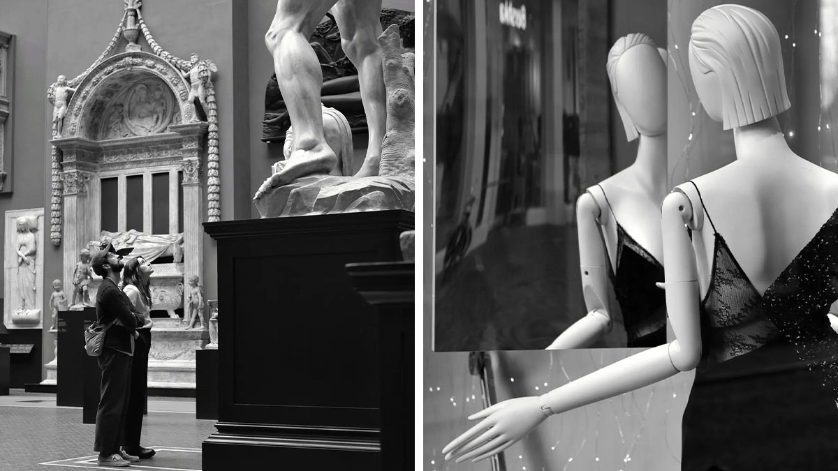 Black and white street shots showing a couple admiring sculptures and a mannequin in a reflective dress display window.