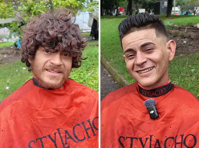Before and after images showing a homeless man’s viral makeover by a barber, highlighting the transformation and haircut style. Before and after images showing a homeless man’s viral makeover by a barber, highlighting the transformation and haircut style.