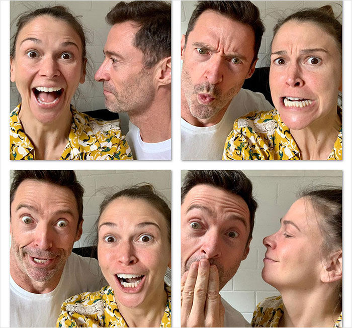 Hugh Jackman and Sutton Foster making playful faces together in a series of casual selfie photos. Hugh Jackman and Sutton Foster making playful faces together in a series of casual selfie photos.
