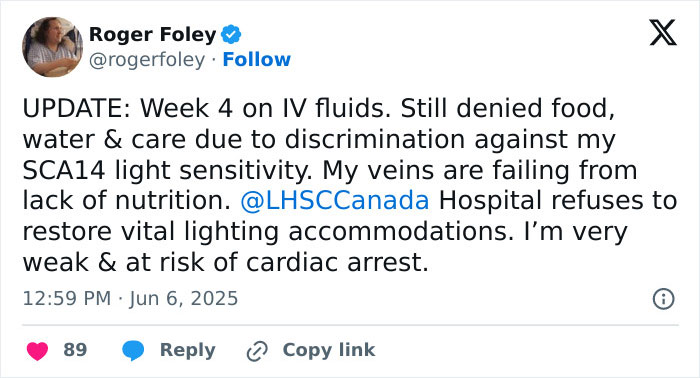 Tweet from man trapped in hospital exposing staff mistreatment and denial of care due to light sensitivity condition. Tweet from man trapped in hospital exposing staff mistreatment and denial of care due to light sensitivity condition.