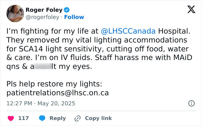 Tweet from man trapped in hospital for 9 years, sharing struggles with staff and requesting help with lighting accommodations. Tweet from man trapped in hospital for 9 years, sharing struggles with staff and requesting help with lighting accommodations.