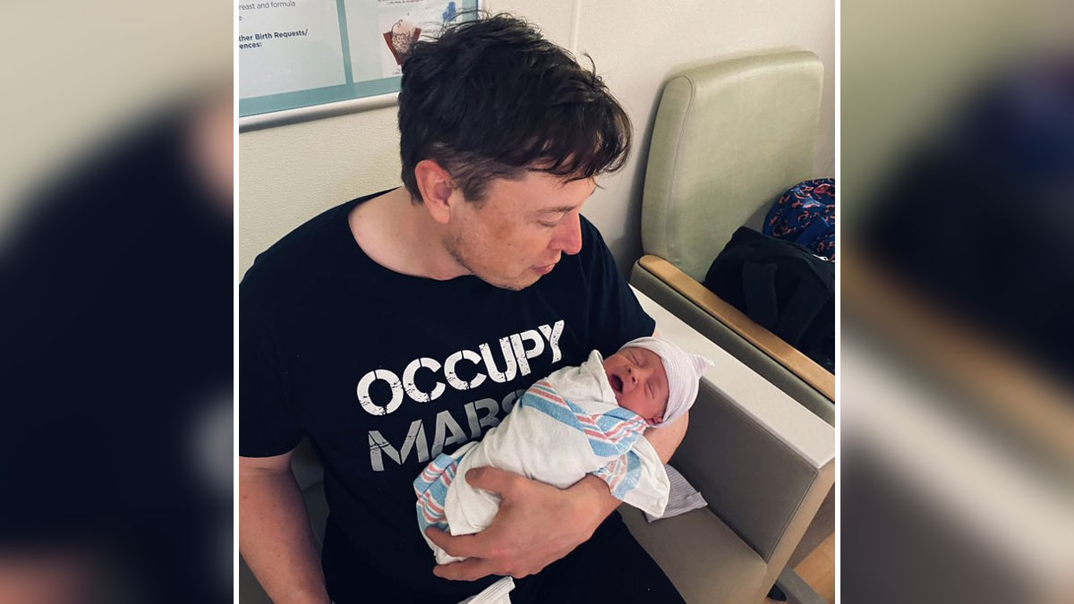 Man holding newborn baby in a hospital setting, representing the chaotic Musk family saga and techno themes.