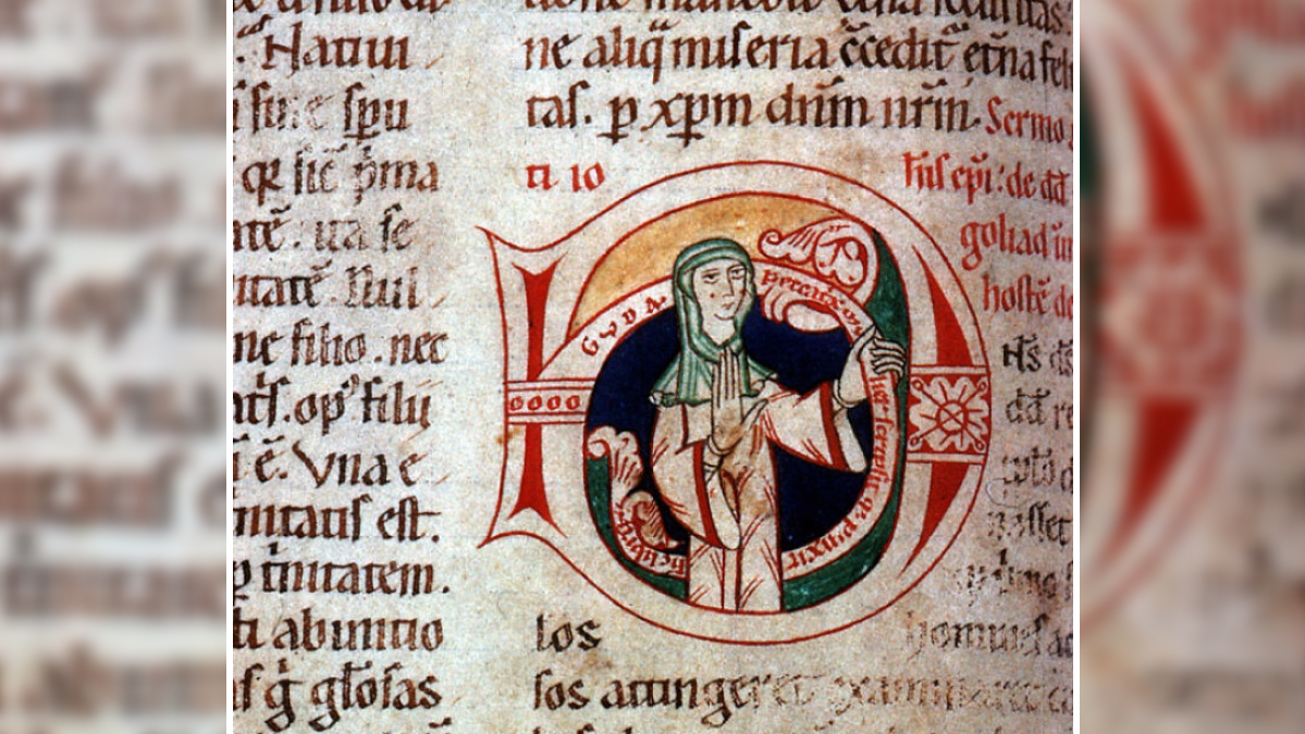 Medieval manuscript page with illuminated initial depicting a figure, illustrating historical wedding planner facts.