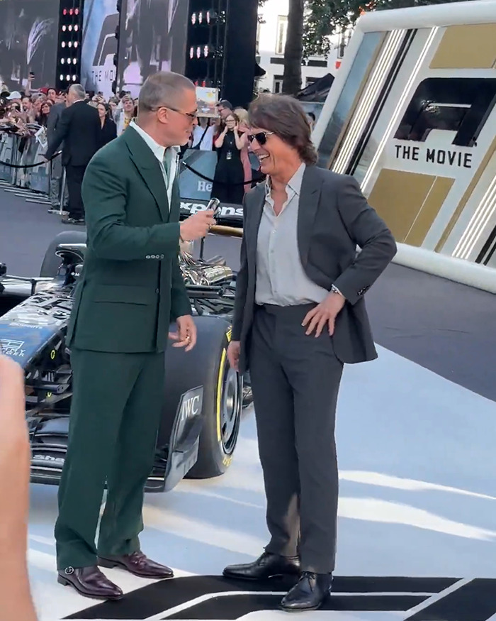 Tom Cruise and Brad Pitt talking and smiling at the F1 premiere, sparking Botox rumors and media attention. Tom Cruise and Brad Pitt talking and smiling at the F1 premiere, sparking Botox rumors and media attention.