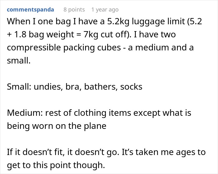 Comment about packing efficiently with two compressible packing cubes to avoid delays in TSA security line before boarding. Comment about packing efficiently with two compressible packing cubes to avoid delays in TSA security line before boarding.