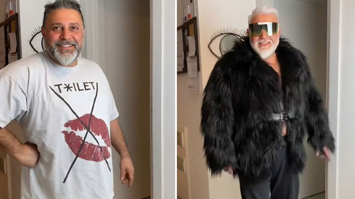 Before and after dad makeover showing casual look with graphic tee and transformed style with fur coat and large sunglasses.