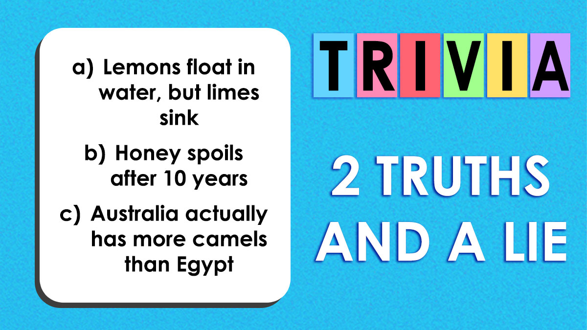 Trivia card with 2 truths and a lie about lemons, honey spoiling, and camels in Australia or Egypt.