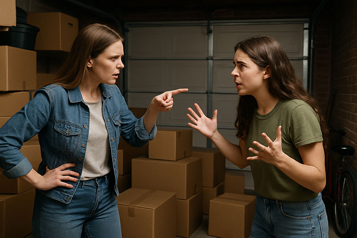 Two sisters arguing intensely in a garage surrounded by boxes, capturing wedding dress sisters drama and emotional conflict. Two sisters arguing intensely in a garage surrounded by boxes, capturing wedding dress sisters drama and emotional conflict.