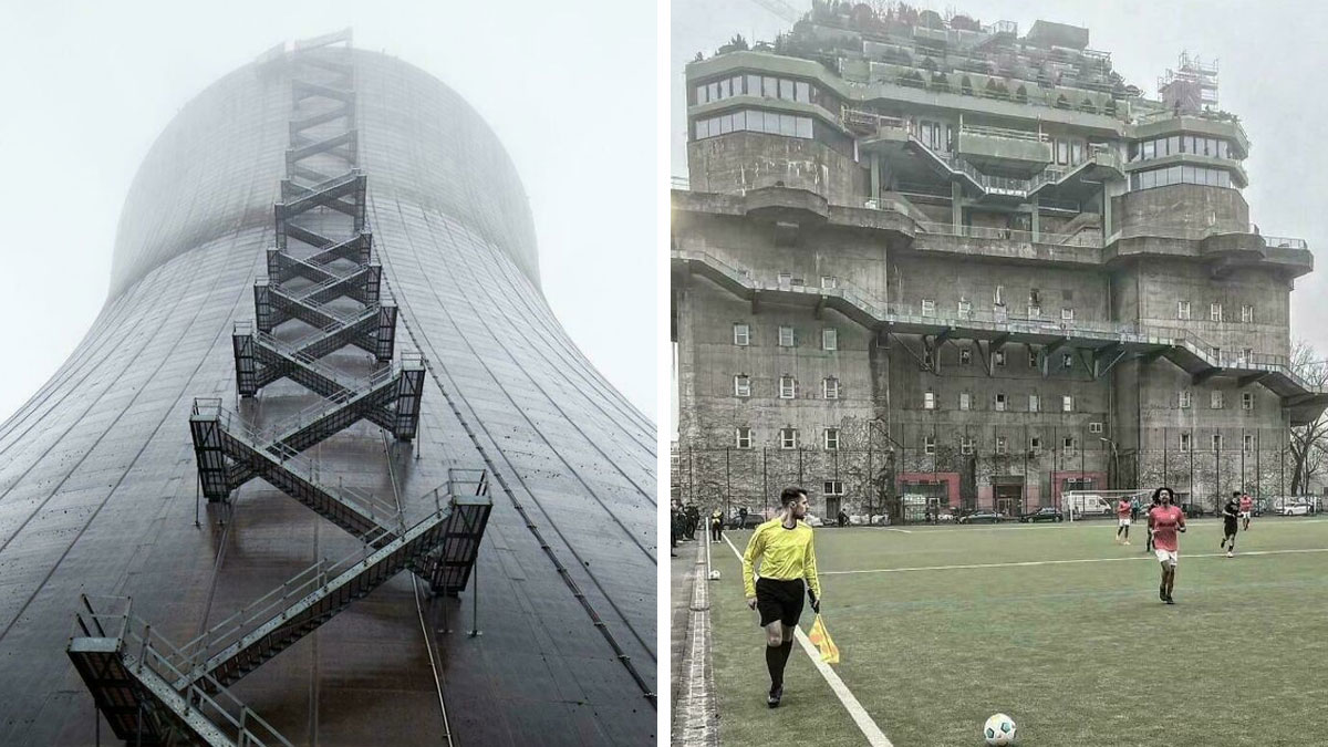 Two eerie buildings with ominous, concrete structures resembling supervillain headquarters under gray, foggy skies.