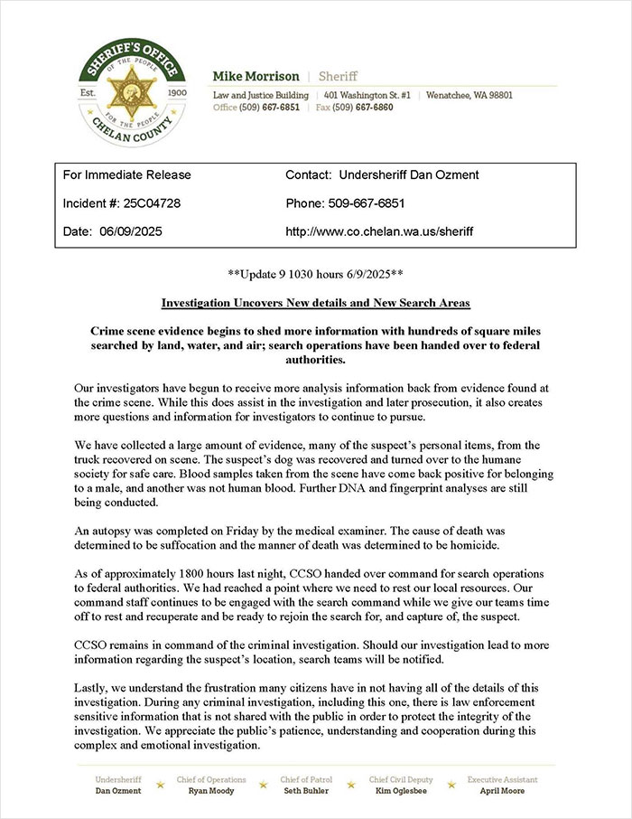 Official sheriff's office statement revealing blood not belonging to a human found in fugitive dad's crime scene. Official sheriff's office statement revealing blood not belonging to a human found in fugitive dad's crime scene.