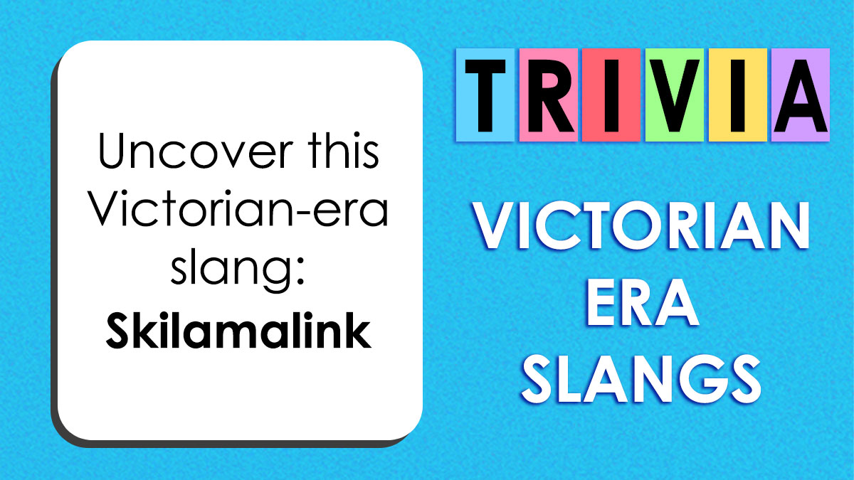 Trivia card on Victorian era slangs featuring the word Skilamalink in bold on a blue background.