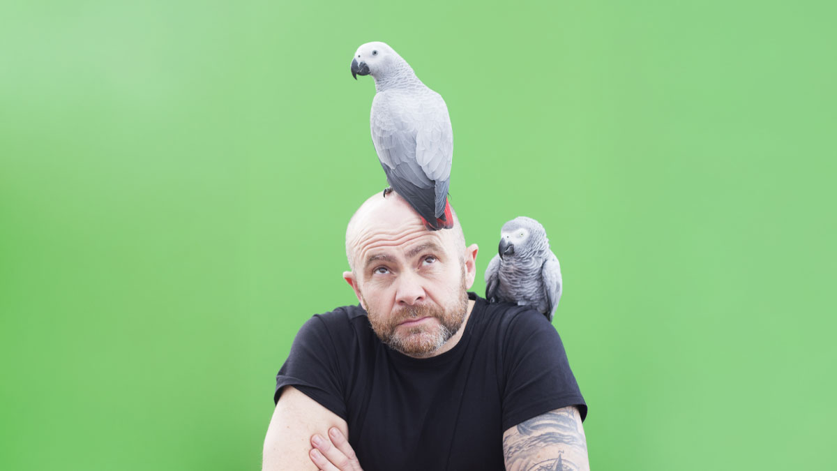 A man with two birds perched on him against a green background, illustrating bird p**p public health risk.