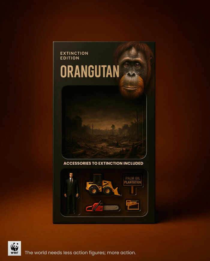 Powerful WWF ad showing orangutan extinction edition toy set with deforestation and palm oil plantation accessories.