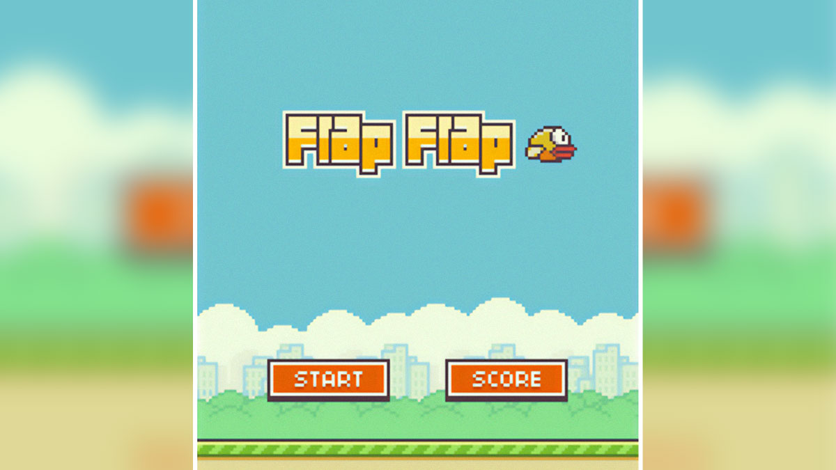 Flappy Bird style game start screen with pixelated bird and buttons, related to Flappy Bird ban and revival discussion.