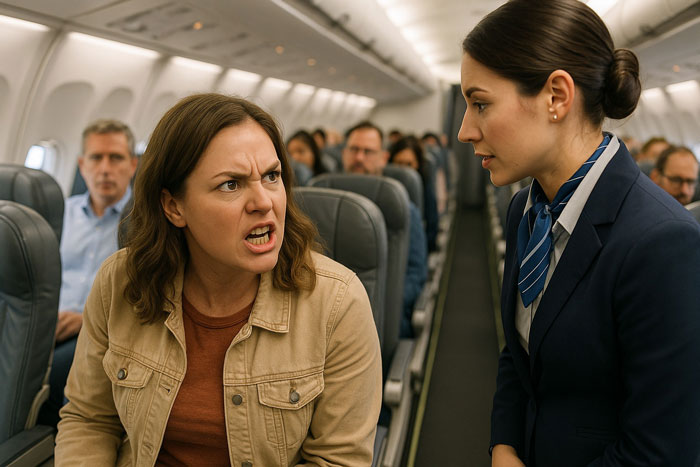 Woman angrily refuses to give up her seat on a plane while flight attendant tries to calm her during a tense moment.
