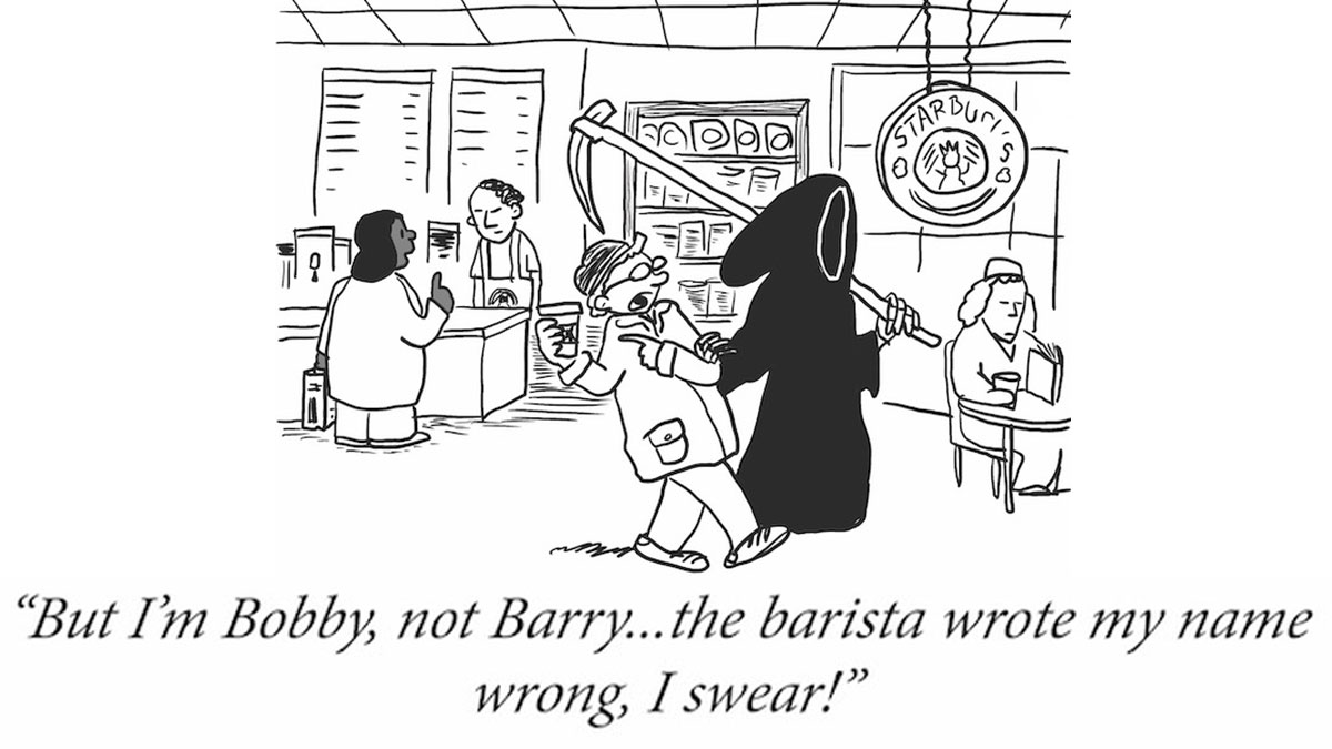 Cartoon showing a man confronting the grim reaper in a coffee shop, with everyday life turned into absurdly funny cartoons.