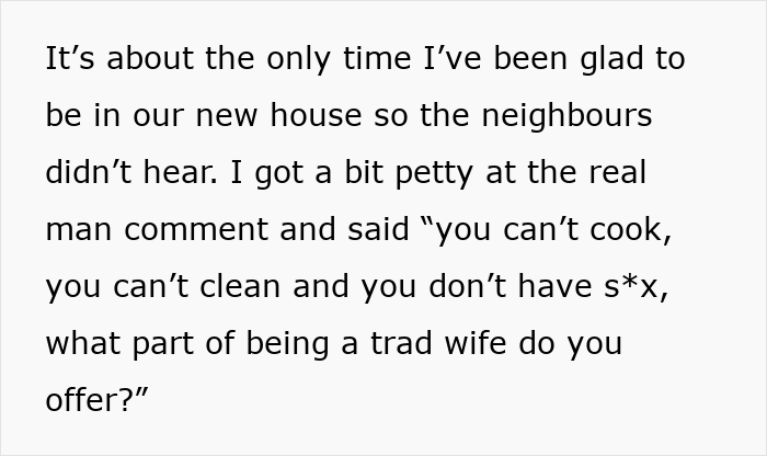 Alt text: Text expressing frustration about tradwife expectations and roles discussed between husband and wife. Alt text: Text expressing frustration about tradwife expectations and roles discussed between husband and wife.