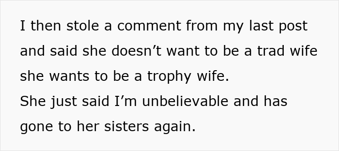 Text about a woman refusing to be a tradwife and the husband explaining what being a tradwife means. Text about a woman refusing to be a tradwife and the husband explaining what being a tradwife means.