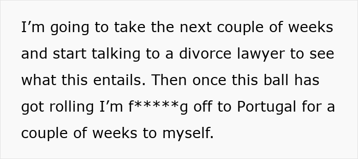Text of a message discussing plans to consult a divorce lawyer and take a solo trip to Portugal, related to tradwife lifestyle debate. Text of a message discussing plans to consult a divorce lawyer and take a solo trip to Portugal, related to tradwife lifestyle debate.