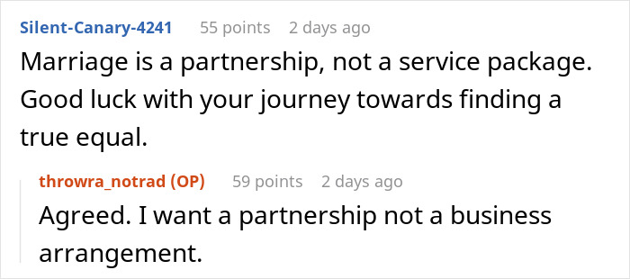 Alt text: Online discussion about husband and wife roles, tradwife expectations, and partnership dynamics in marriage conversation. Alt text: Online discussion about husband and wife roles, tradwife expectations, and partnership dynamics in marriage conversation.