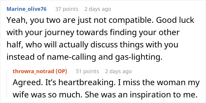 Screenshot of a Reddit conversation about a woman asking her husband to be a tradwife and their relationship compatibility. Screenshot of a Reddit conversation about a woman asking her husband to be a tradwife and their relationship compatibility.