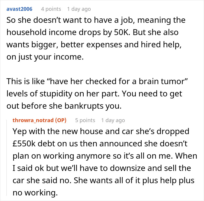 Reddit comments discussing a husband’s frustration with his wife wanting to be a tradwife without contributing financially. Reddit comments discussing a husband’s frustration with his wife wanting to be a tradwife without contributing financially.