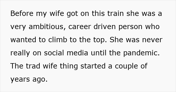 Text on a white background about a wife’s shift from ambitious career-driven to embracing tradwife lifestyle after the pandemic. Text on a white background about a wife’s shift from ambitious career-driven to embracing tradwife lifestyle after the pandemic.