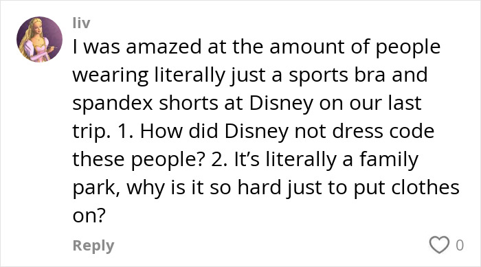 Commenter discusses Disney staff scolding woman for inappropriate outfit, sparking debate about dress code enforcement. Commenter discusses Disney staff scolding woman for inappropriate outfit, sparking debate about dress code enforcement.