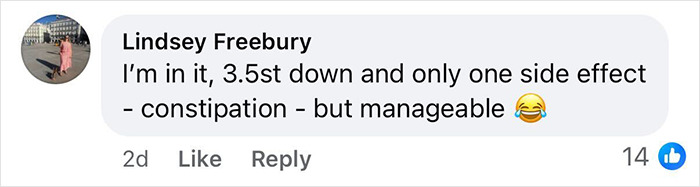 Screenshot of a Facebook comment about Mounjaro side effects mentioning manageable constipation and weight loss progress. Screenshot of a Facebook comment about Mounjaro side effects mentioning manageable constipation and weight loss progress.