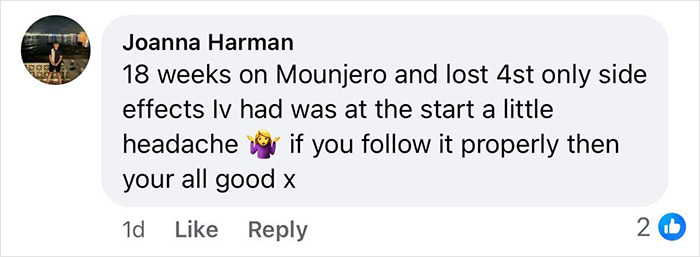 Comment by Joanna Harman about losing weight on Mounjaro, mentioning side effects like headaches and progress over 18 weeks. Comment by Joanna Harman about losing weight on Mounjaro, mentioning side effects like headaches and progress over 18 weeks.