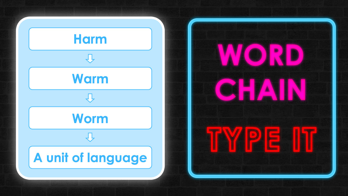Word chains puzzle showing word transitions harm to warm to worm with neon sign saying word chain type it.