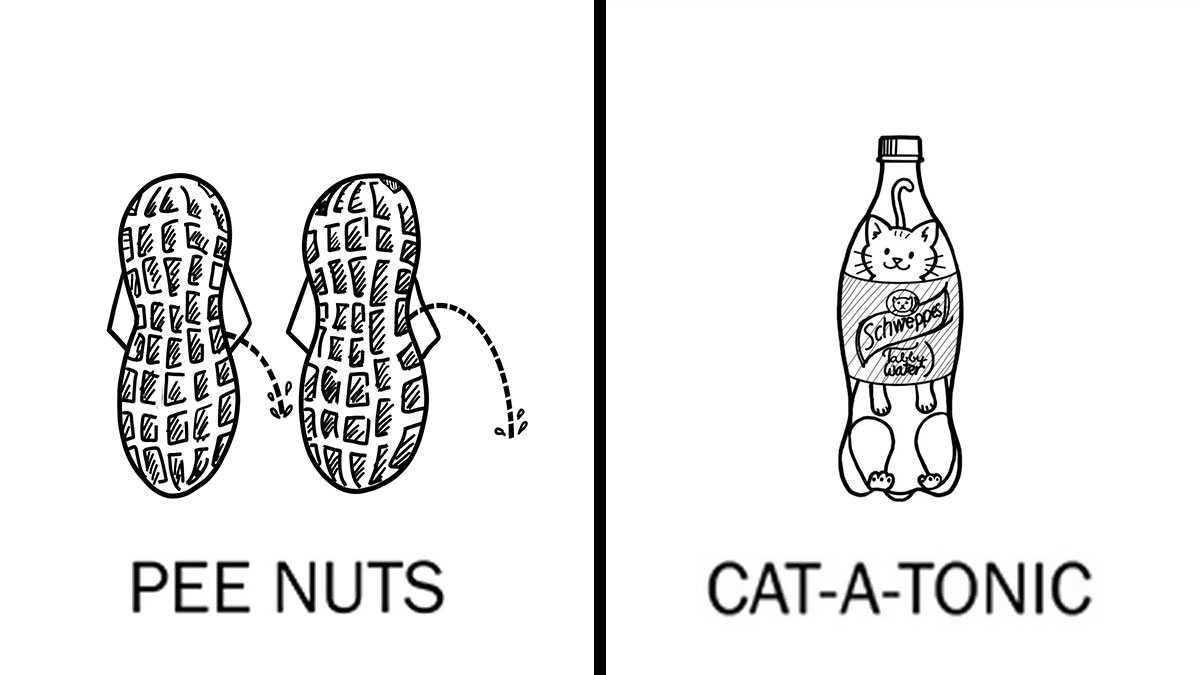 Two clever wordplay drawings featuring pee nuts and cat-a-tonic with visual puns in a black and white style.