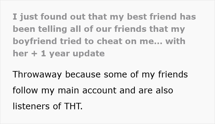 Text post revealing a best friend sabotage relationship with boyfriend cheating rumors shared among friends.