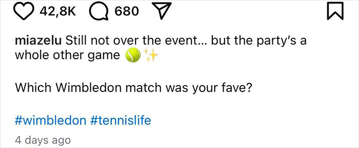 Instagram post by user miazelu mentioning a Wimbledon tennis event with hashtags wimbledon and tennislife. Instagram post by user miazelu mentioning a Wimbledon tennis event with hashtags wimbledon and tennislife.