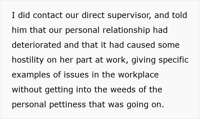 Text on a white background discussing a deteriorated personal relationship causing hostility and issues at work.