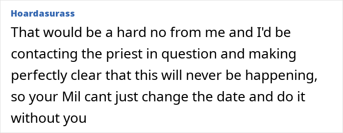 Commenter expresses strong refusal to MIL demanding a more Christian baby name, emphasizing boundaries and involvement of a priest.