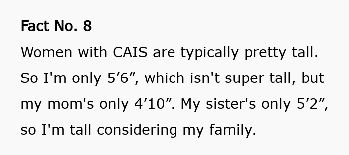 Text image showing Fact No. 8 about intersex woman with XY chromosome and height differences compared to family members. Text image showing Fact No. 8 about intersex woman with XY chromosome and height differences compared to family members.
