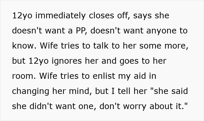 Text excerpt showing a 12-year-old daughter rejecting a menstruation celebration her mom planned, causing family tension. Text excerpt showing a 12-year-old daughter rejecting a menstruation celebration her mom planned, causing family tension.
