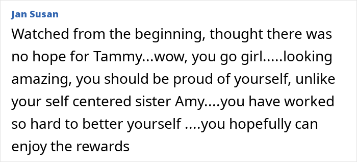 Comment praising Tammy Slaton’s transformation and hard work after skin removal surgery results. Comment praising Tammy Slaton’s transformation and hard work after skin removal surgery results.