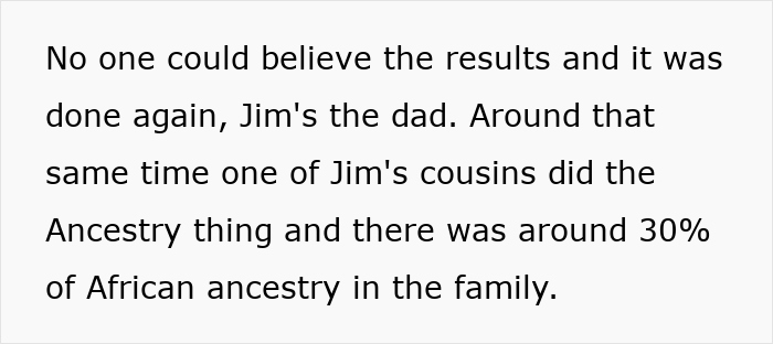 Text excerpt about DNA test revealing 30% African ancestry in family causing husband to seek forgiveness. Text excerpt about DNA test revealing 30% African ancestry in family causing husband to seek forgiveness.